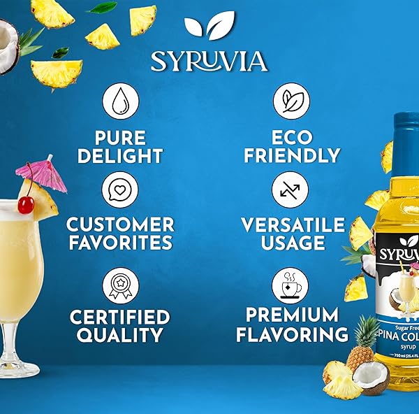 SYRUVIA SUGAR-FREE PINA COLADA SYRUP – 25.4 FL OZ. PREMIUM COFFEE FLAVORING SYRUP. 0 CALORIES, KOSHER, AND GLUTEN-FREE. PERFECT FOR DRINKS, SODAS, SHAKES, DESSERTS, AND MORE.