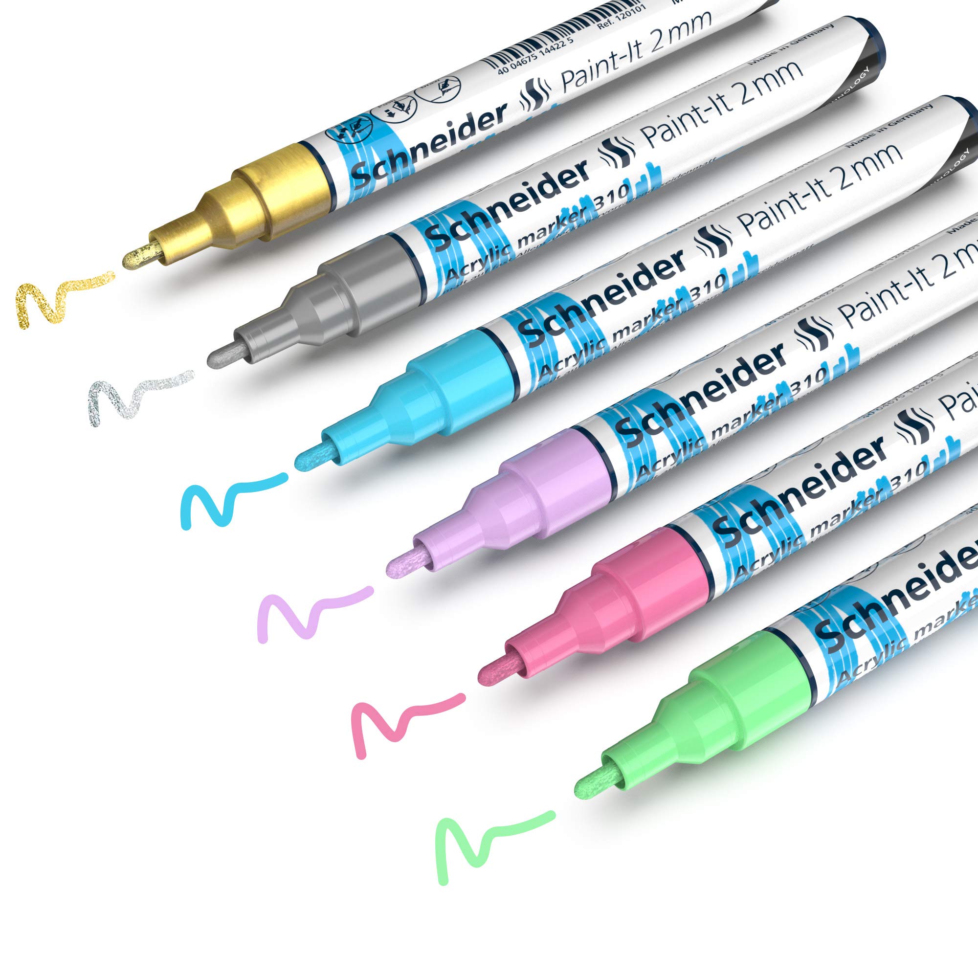 Schneider Paint-It 310 Acrylic Marker Set 2 (2 mm Round tip, high Coverage, Brilliant Colour, for Almost All Surfaces) 6 Pieces