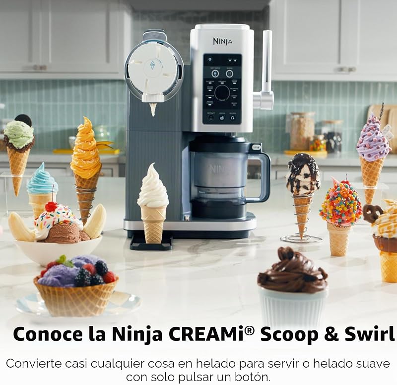 Máquina de gelados CREAMi Swirl 13-em-1 Soft Serve, Sorvete, Smoothie, Iogurte Congelado, Programa de Baixas Calorias e Mais, 13-em-1, Soft Handle e (2) pints CREAMi Swirl de 16 onças, para
