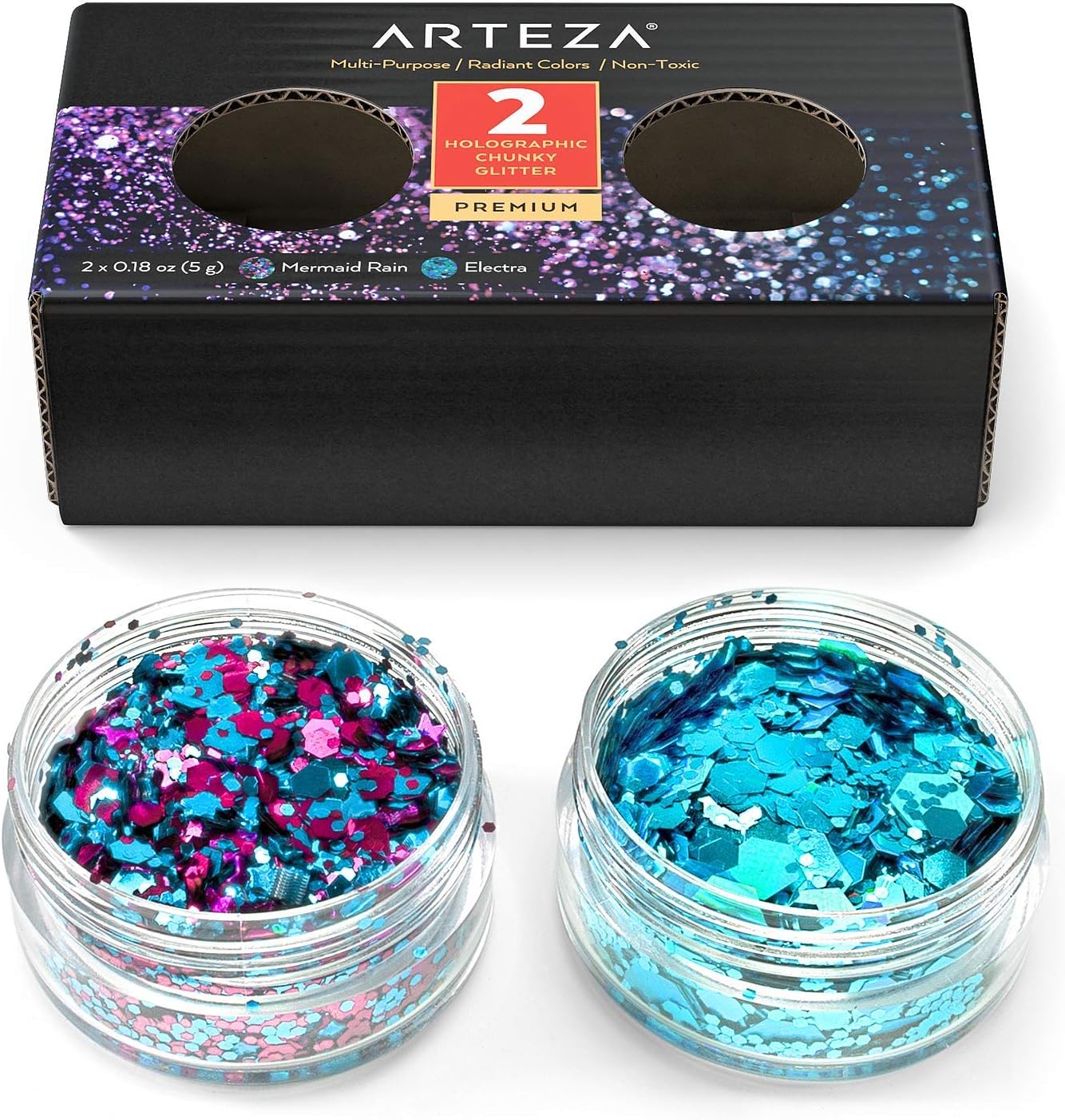 Arteza Chunky Glitter Flakes, Set of 2 Holographic Colours (Mermaid Rain & Electra), 5 g Jars, Multi-Purpose