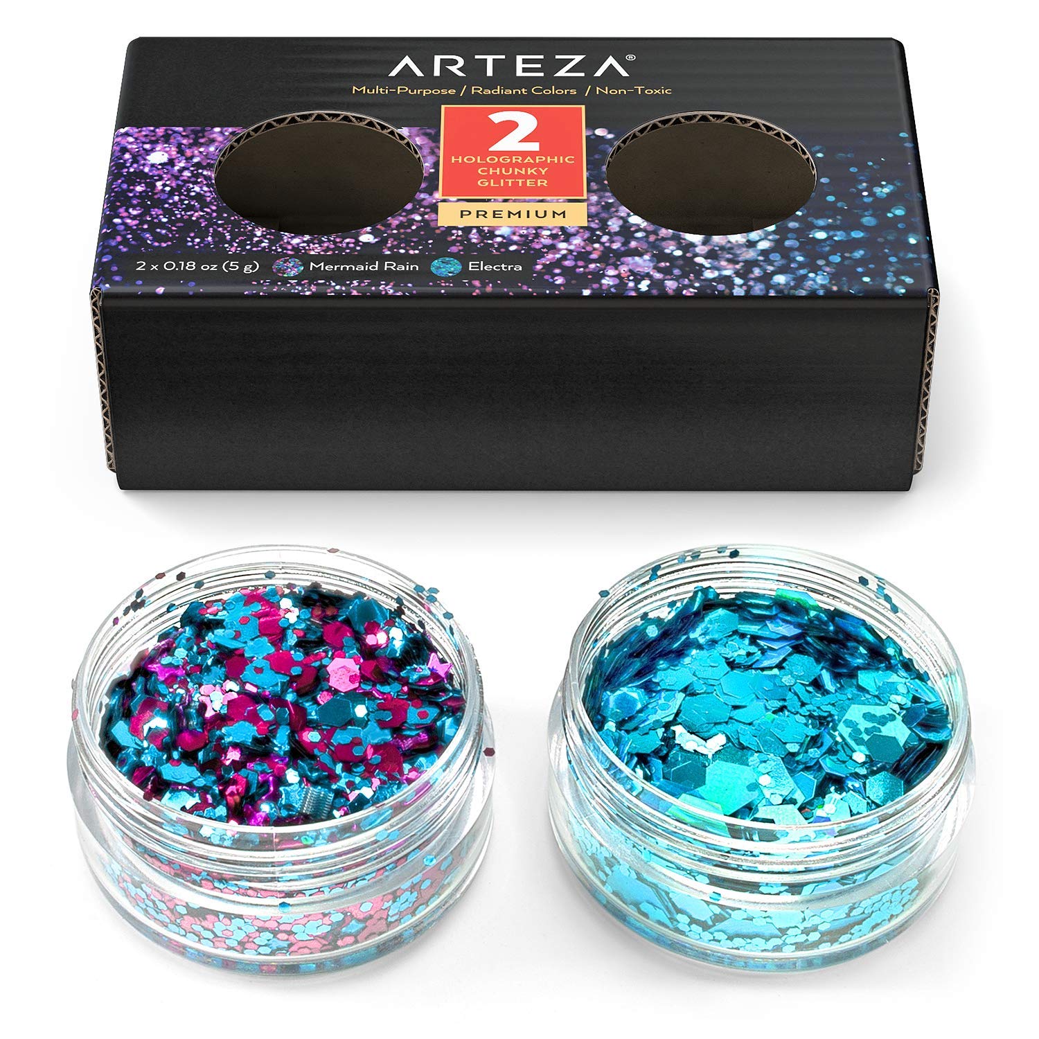 Arteza Chunky Glitter Flakes, Set of 2 Holographic Colours (Mermaid Rain & Electra), 5 g Jars, Multi-Purpose, for Nail Art, Epoxy Resin, and Craft Projects
