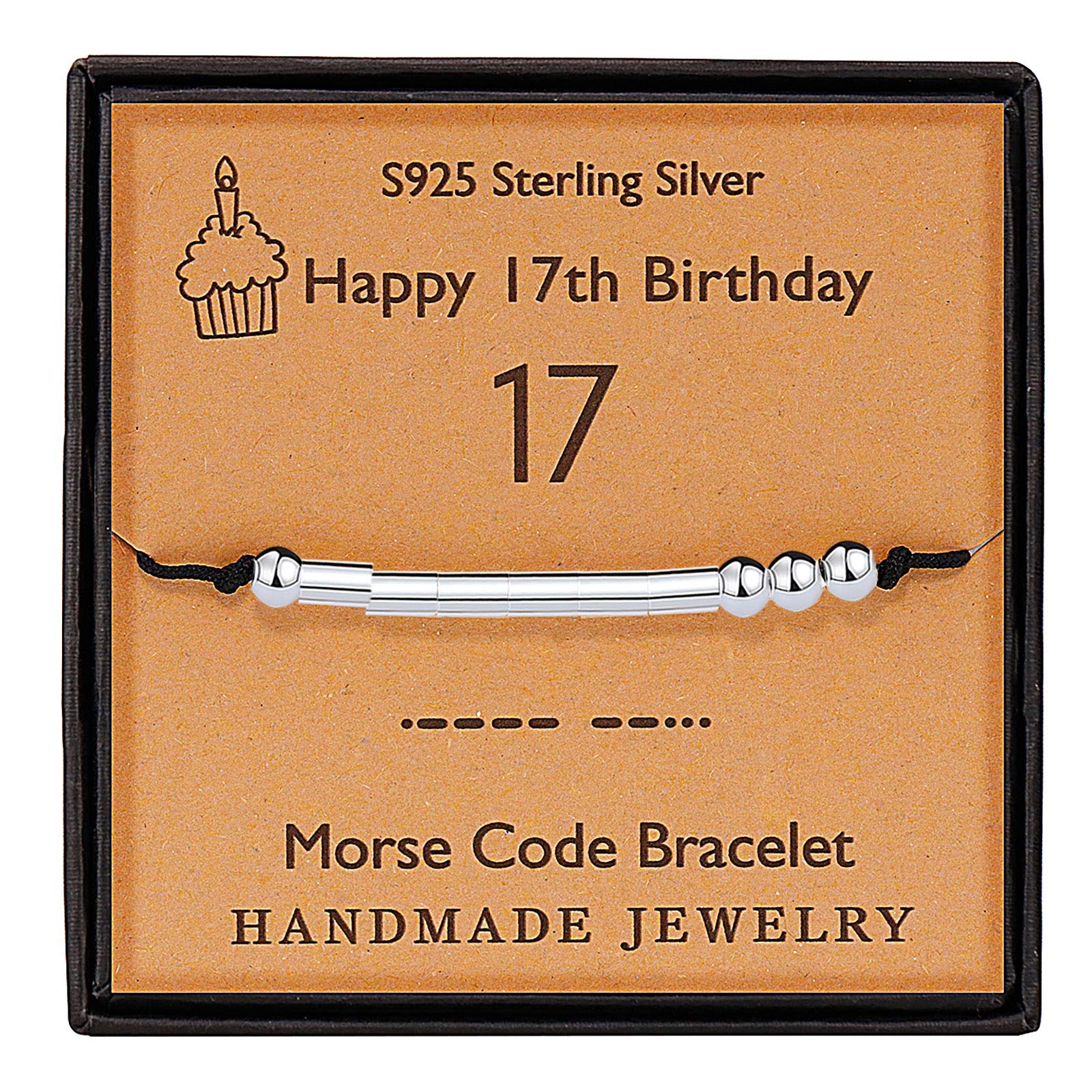 Gleamart 17th Birthday Gift Morse Code Bracelet Sterling Silver Handmade Secret Message Beads Silk Cord Bangle