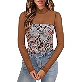 Zanvylia Women Sexy Mock Turtle Neck Long Sleeve Tops Lace Sheer See Through Shirt Mesh Ruched Going Out Blouse