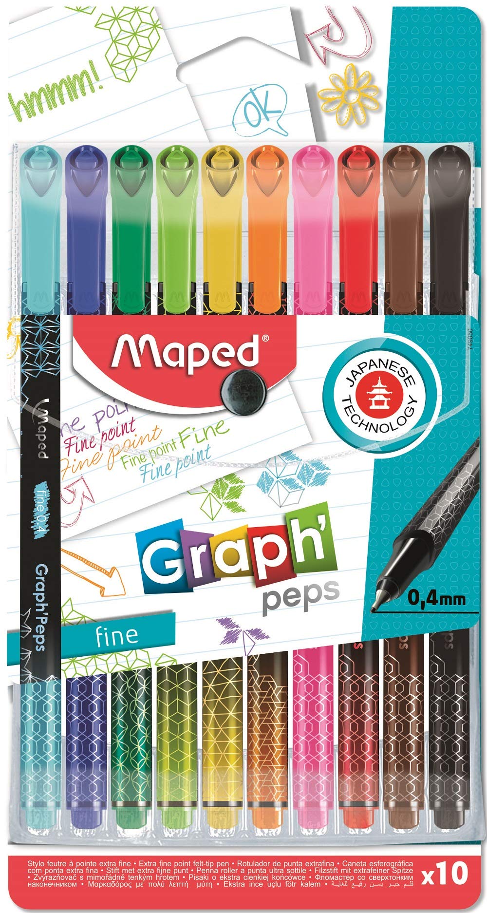 Maped 749050 Graph'Peps Felt-Tip Pens Fine Point 0.4 mm Durable Tip Writing Comfort Pack of 10 Colours