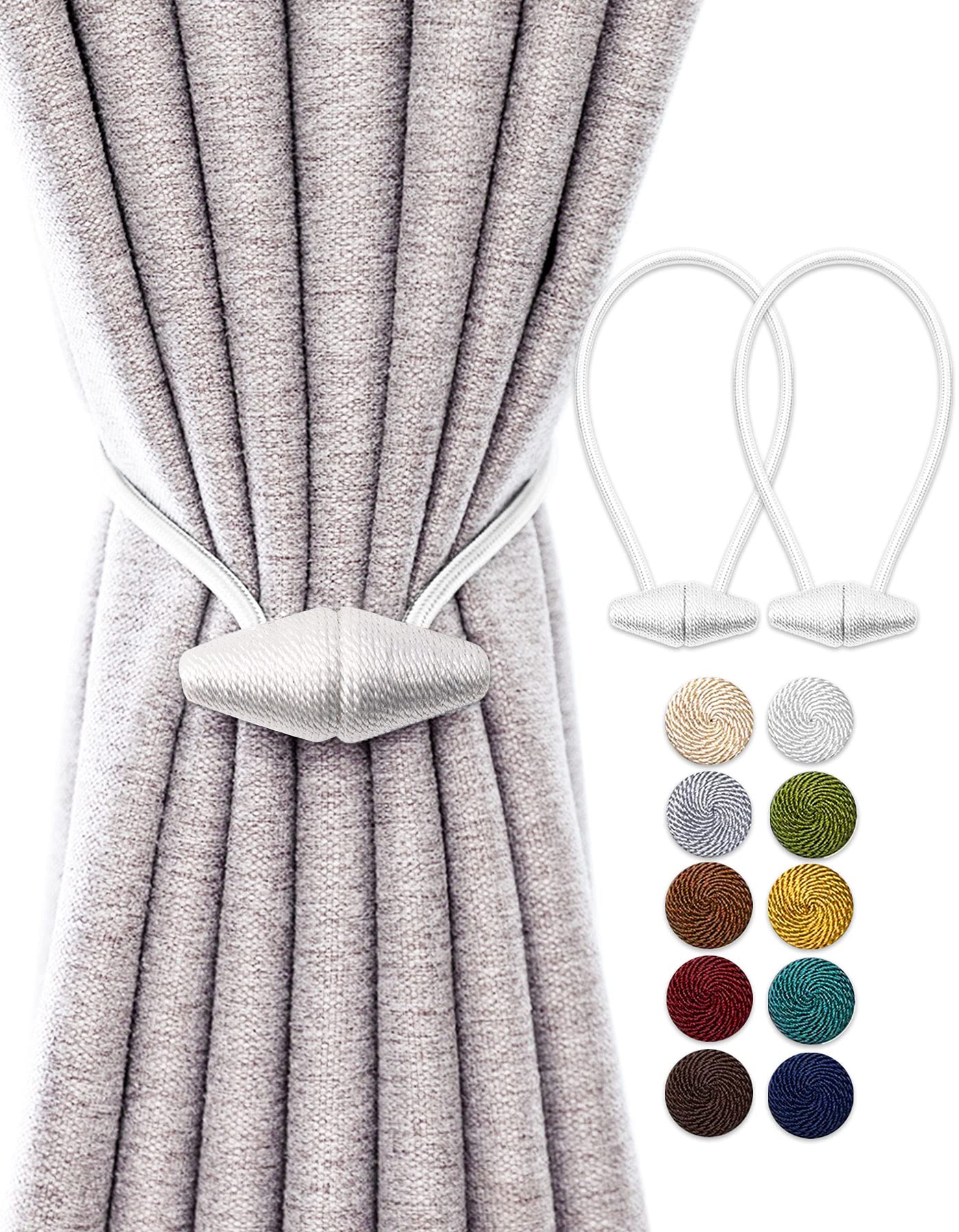 TECVINCI Magnetic Curtain Tiebacks with Upgrade Larger Magnet, 2 Pack 40cm Drapery Holdbacks for Indoor & Outdoor Curtain - White