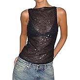 DURUNUL Women Sexy See Through Sequin Crop Tank Top Sleeveless Crewneck Mesh Shirts Tops Sparkly Party Club Going Out Tops