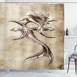 Ambesonne Mermaid Shower Curtain, Vintage Mermaid in The Sea with an Anchor Mythical Aquatic Creature Graphic Art, Cloth Fabric Bathroom Decor Set with Hooks, 70