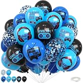 Video Game Balloons,12 Inch Blue and Black Game Theme Printed Balloons Confetti Balloon with Ribbon for Teens Player Birthday