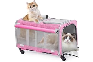 Cat Carrier,Amai Keto Cat Carrier Soft Side with Wheels for Dog & 2 Cats,Foldable Pet Travel Carrier for Medium Cats Under 25,Large,Pink,24.4 x 16.5 x 15 inches