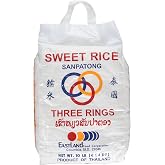 Three Rings Sanpatong Thai Sticky Rice  (Sweet Rice) 10 LB | Non-GMO, Gluten Free, All Natural, Resealable Bag, 5lb