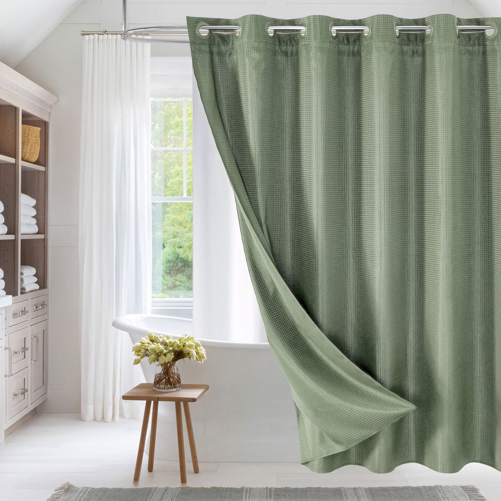 MitoVilla No Hooks Required Sage Green Waffle Shower Curtain Set with ...