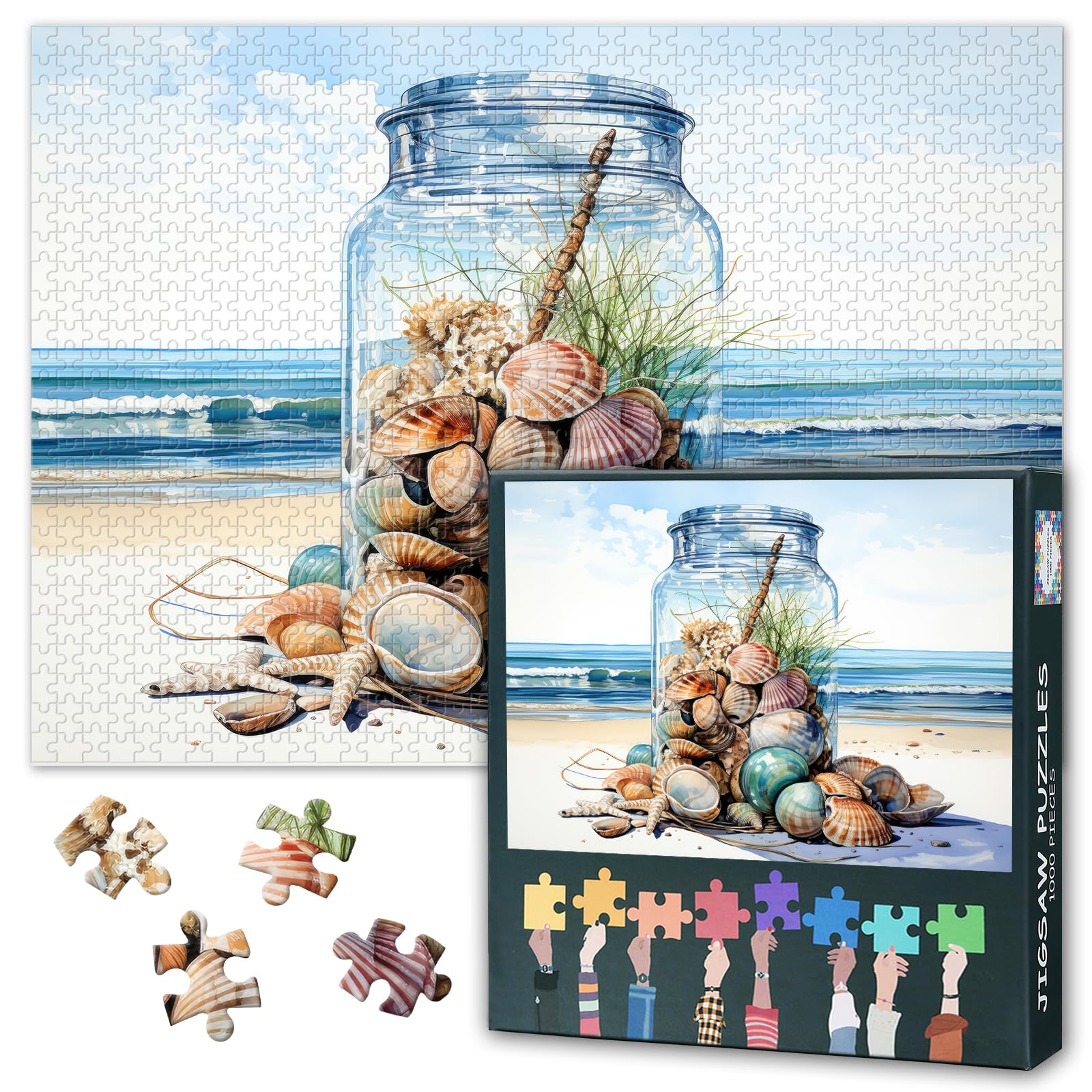 Jigsaw Puzzles for Adults 1000 Beach - Hard Difficult Challenging Family Puzzle Ocean, Educational Puzzle Games Home Decoration 27.5x19.7 Inch (Glass Jar with Seashells) — image 1