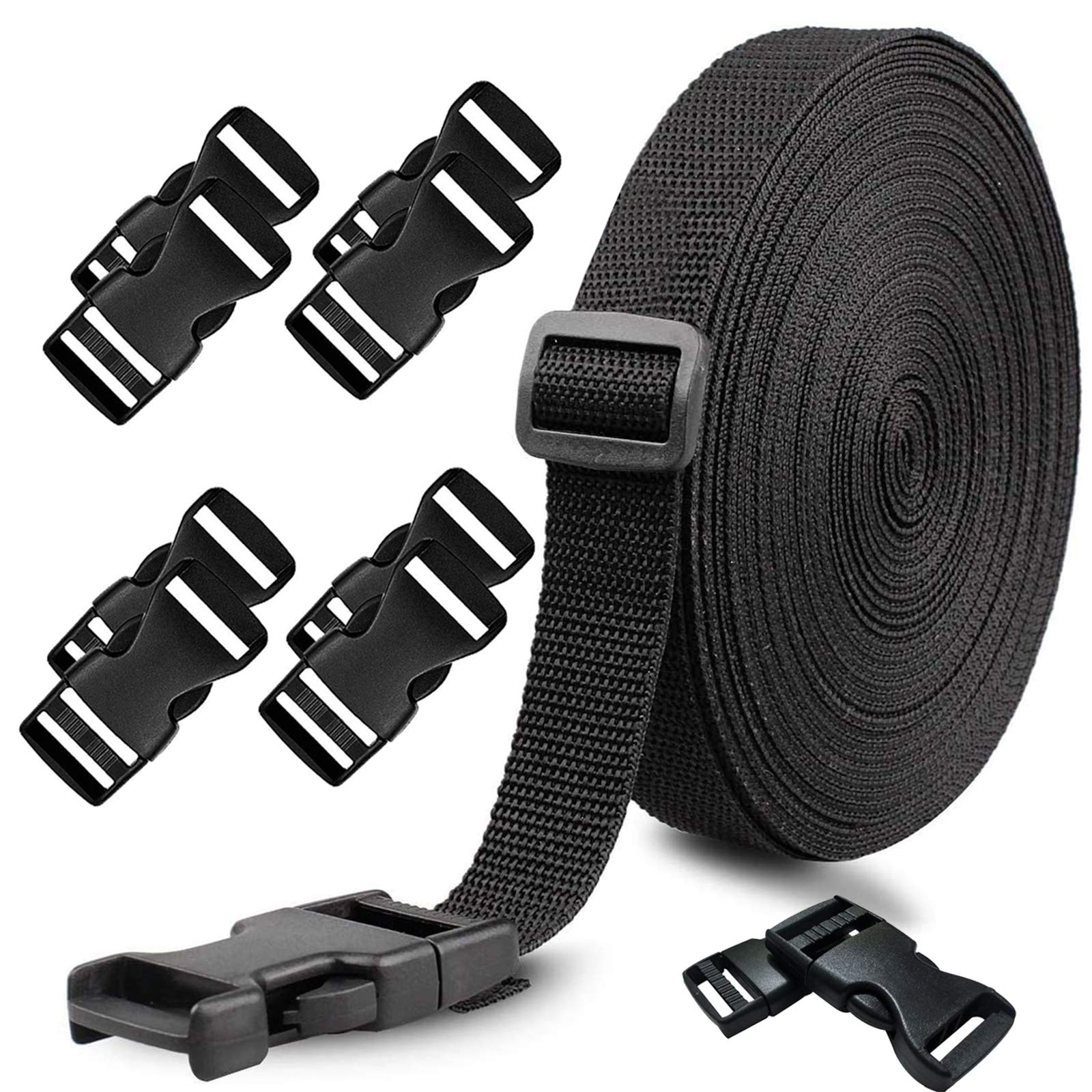 10 Yards Nylon Webbing Strap Band with 10 Sets of Flat Side Release Buckles and Tri-Glide Slides for DIY Making Luggage Strap and Backpack Repairing (1 inch)