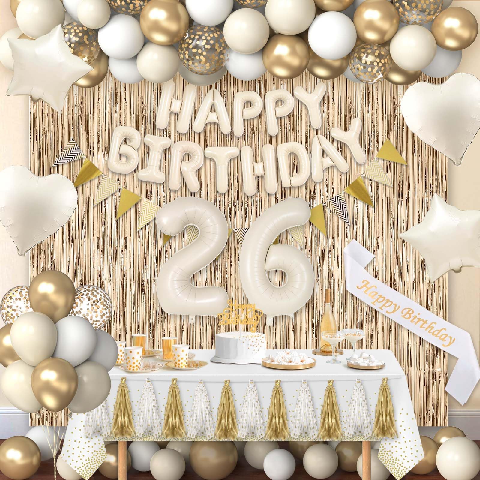 Photo 1 of Miidenks 26th Birthday Decorations for Women, White and Gold 26 Boho Birthday Party Supplies Includes Number Balloons, Banner, Fringe Curtain, Cake Topper
