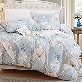 Cozaline 100% Natural Cotton Comforter Set Queen 3 Pcs Grayish Blue Bedding Sets with Luxurious Damask Pattern, Reversible Breathable Soft Comforter Sets for All Season