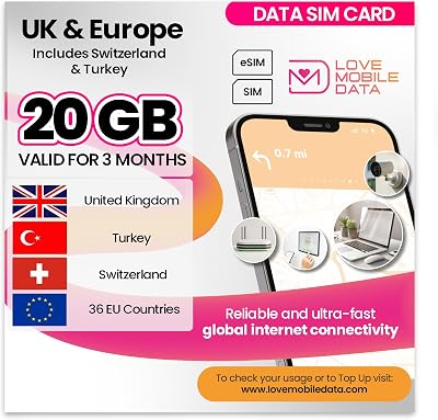 Love 2 surf 20GB International Data SIM UK Europe Turkey 3 Months
