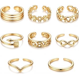 Oriqee 8Pcs Gold Filled Toe Rings for Women, Adjustable Band Ring Open Toe Rings Set Arrow Infinity Hollow-out Flower Finger
