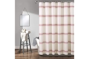 Lush Decor Farmhouse Stripe Cotton Shower Curtain, 72" W x 72" L, Red - Classic Modern Rustic Charm Bathroom Decor
