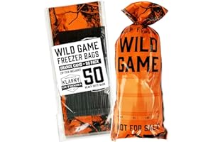 Klarny Outdoors Wild Game Freezer Bags for Ground Meat or Venison, 1.5 LB Blaze Orange Camouflage Hunting Meat Packaging Storage System with Twist Ties for Preventing Freezer Burn (50 Bags)