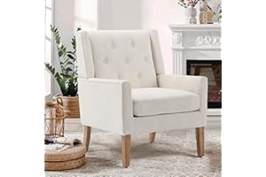 COLAMY Mid-Century Accent Chairs, Modern Wingback Living Room Chair, Upholstered Armchair with Button Tufted Back and Wood Legs for Bedroom/Office/Reading Spaces, Beige