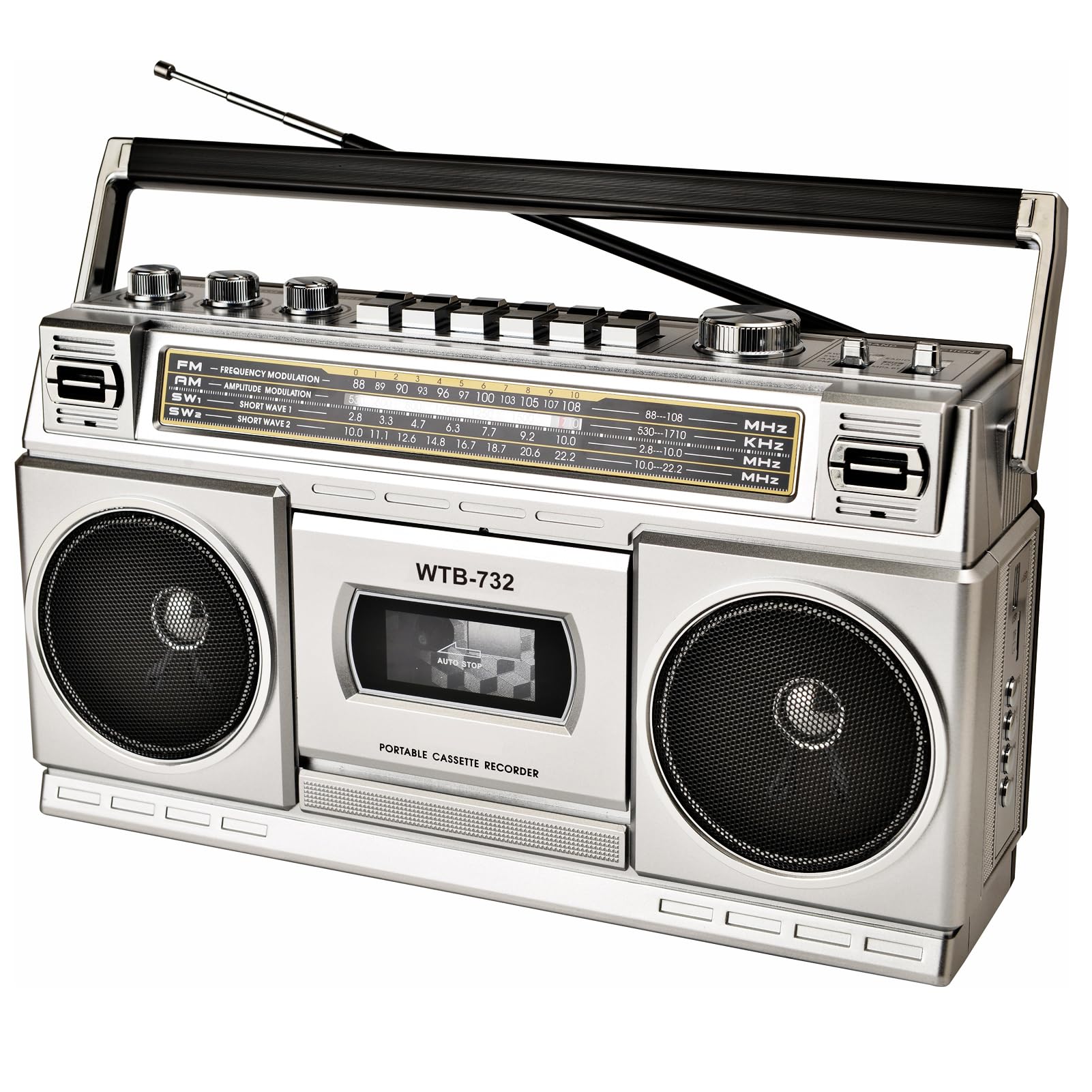 Photo 1 of **MISSING POWER CABLE****Retro Classic 80s Style Portable Boombox with Cassette Player Recorder, AM/FM/SW1/SW2 Radio, Bluetooth, USB/Micro SD Slots, Headphone Jack, 24W Dual Full-Range High Bass Speakers