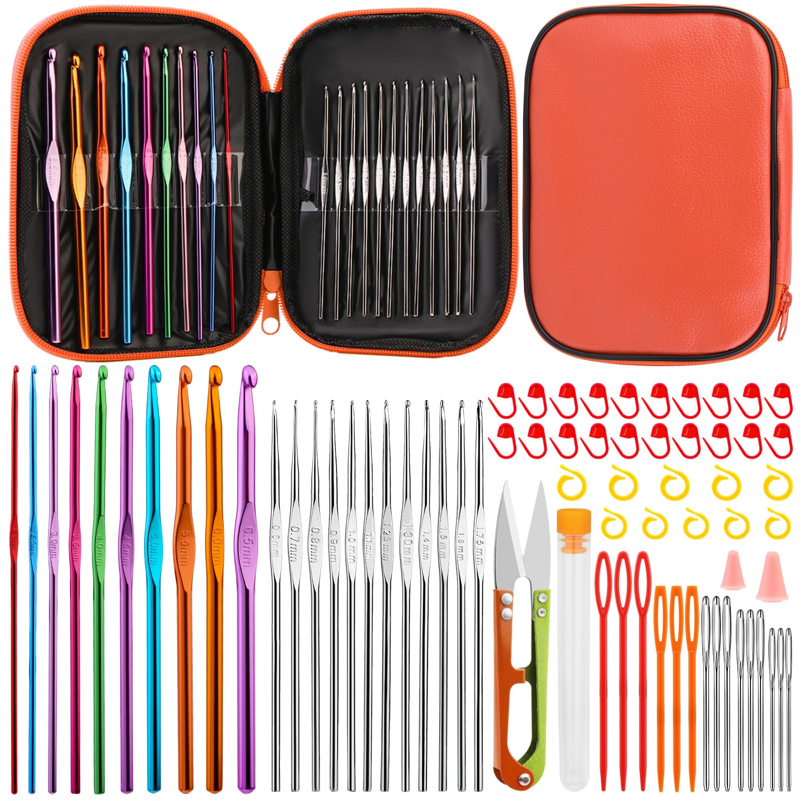 Qzma 80 Pcs Crochet Hooks Set for Beginners, Crochet Hooks Crochet Kit with Storage Case, Ergonomic Knitting Needles Blunt Needles, Knitting Craft Art Tools for Beginners, Orange