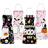 Whaline 4Pcs Halloween Aprons Pink Black Cute Ghost Happy Boo Day Adjustable Kitchen Cooking Aprons for Halloween Birthday Baby Shower Home Party Supplies