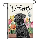 DLZDN Welcome Spring Dog Garden Flag Black Labrador Floral Flag 12×18 Inch Double Side Vertical Burlap Farmhouse Yard Sign Seasonal Outdoor Decoration