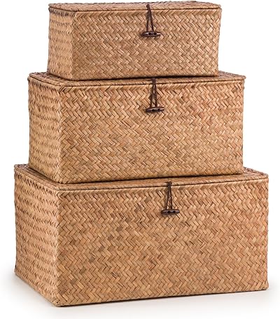 woodluv Set of 3 Seagrass Storage Box with Lid Brown