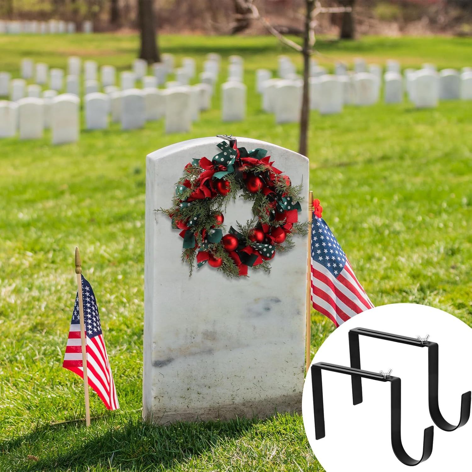 Wreath Hangers - Blulu 2 Pcs Christmas Headstone Wreath Hanger 6.5 to 11.5 Inch Adjustable Tombstone Wreath Holder Gravestone Wreath Stand Memorial Day Metal Wreath Hook for Cemetery Grave Marker Decorations Hanger