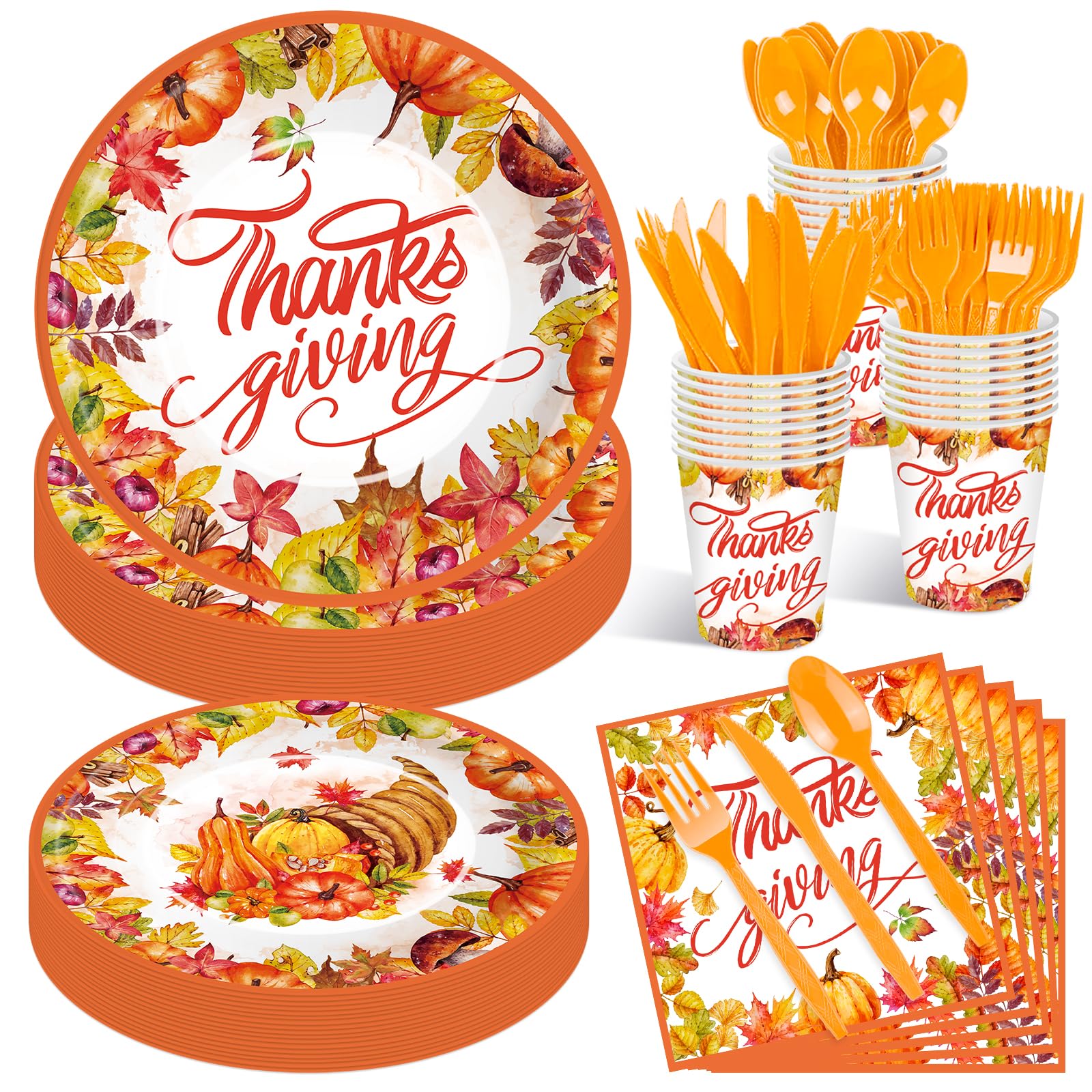 Photo 1 of 175 Pcs Thanksgiving Tableware Set - Serves 25, Harvest-Themed Disposable Plates, Cups, Napkins, Plastic Forks, Spoons, Knives for Thanksgiving Day Dinner, Fall Party Supplies, Autumn Gatherings