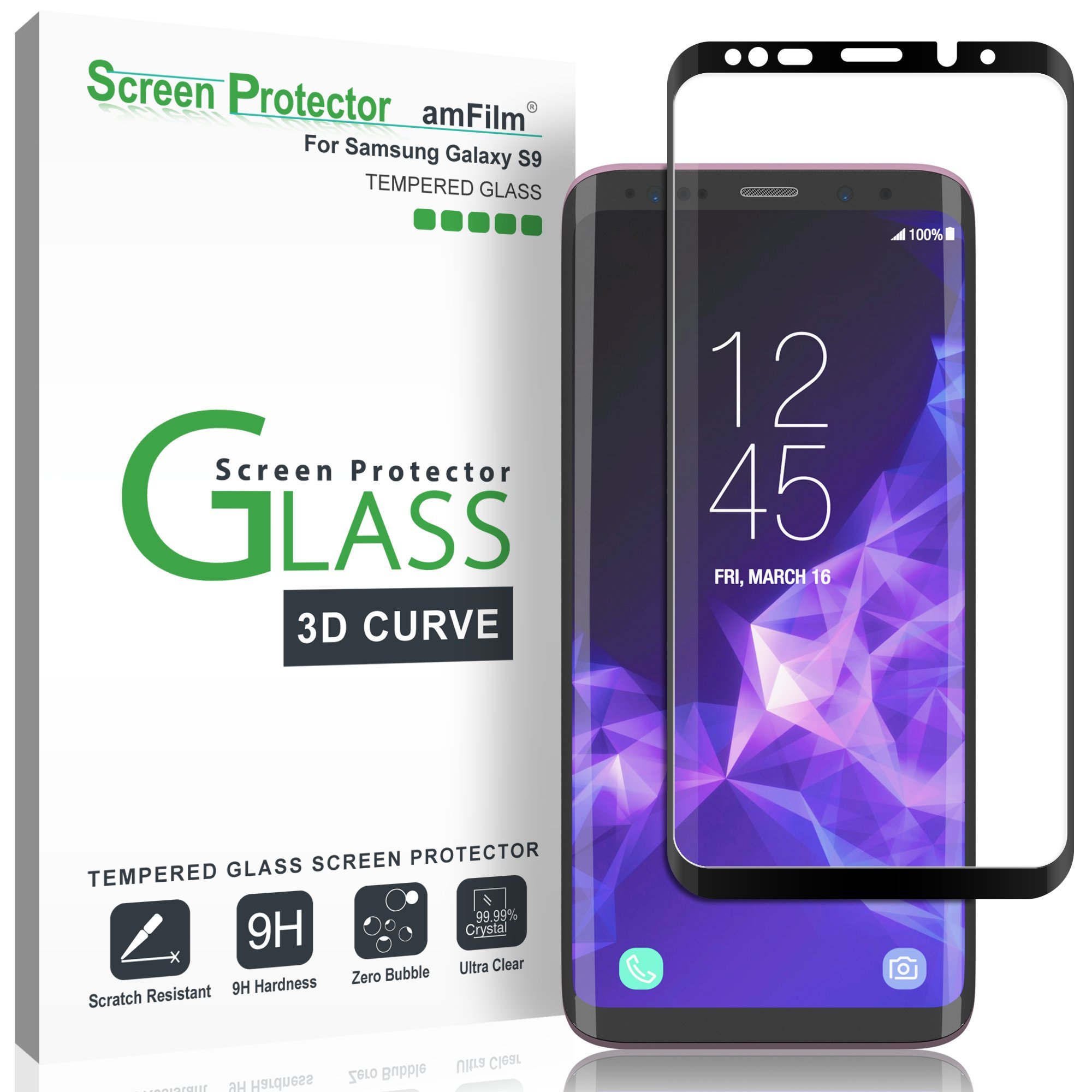 amFilm Galaxy S9 Screen Protector Glass, Full Cover Tempered Glass Screen Protector with Dot Matrix for Samsung Galaxy S9 (Black)