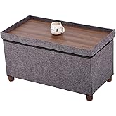 Ao Lei 30 Inches Storage Ottoman Bench, Rect Grey, Modern, Classic Style, Linen Fabric, Walnut Wood Legs