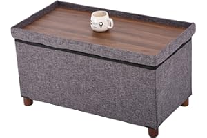 Ao Lei 30 Inches Storage Ottoman Bench, Storage Bench with Wooden Legs for Living Room Ottoman Foot Rest Removeable Lid for Bedroom End of Bed, Linen Fabric, Folding Grey Ottoman