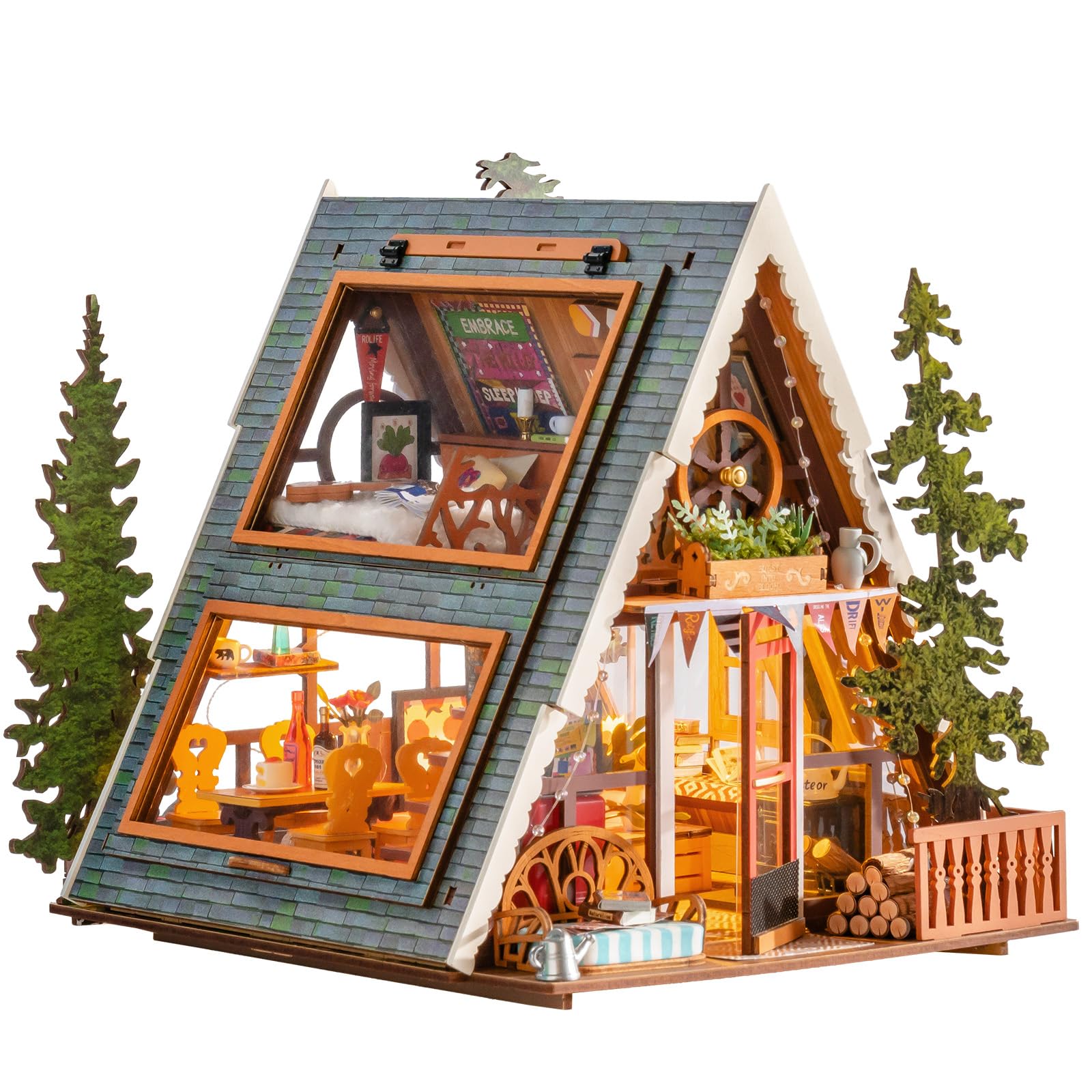 ROBOTIME Model Kits for Adults to Build, A-Frame Cabin Diy Miniature House Kit, Wooden Dolls House Ages 14+ Years, Home Decor Gifts for Women & Men