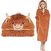 Highland Cow Wearable Blanket Hoodie for Women & Kids, Premium Soft Thick Plush & Faux Fur for Ultra Warmth, Cozy Throw Wrap With Giant Hood, Easy Movement, Highland Cow Gifts for Adults, Oversized