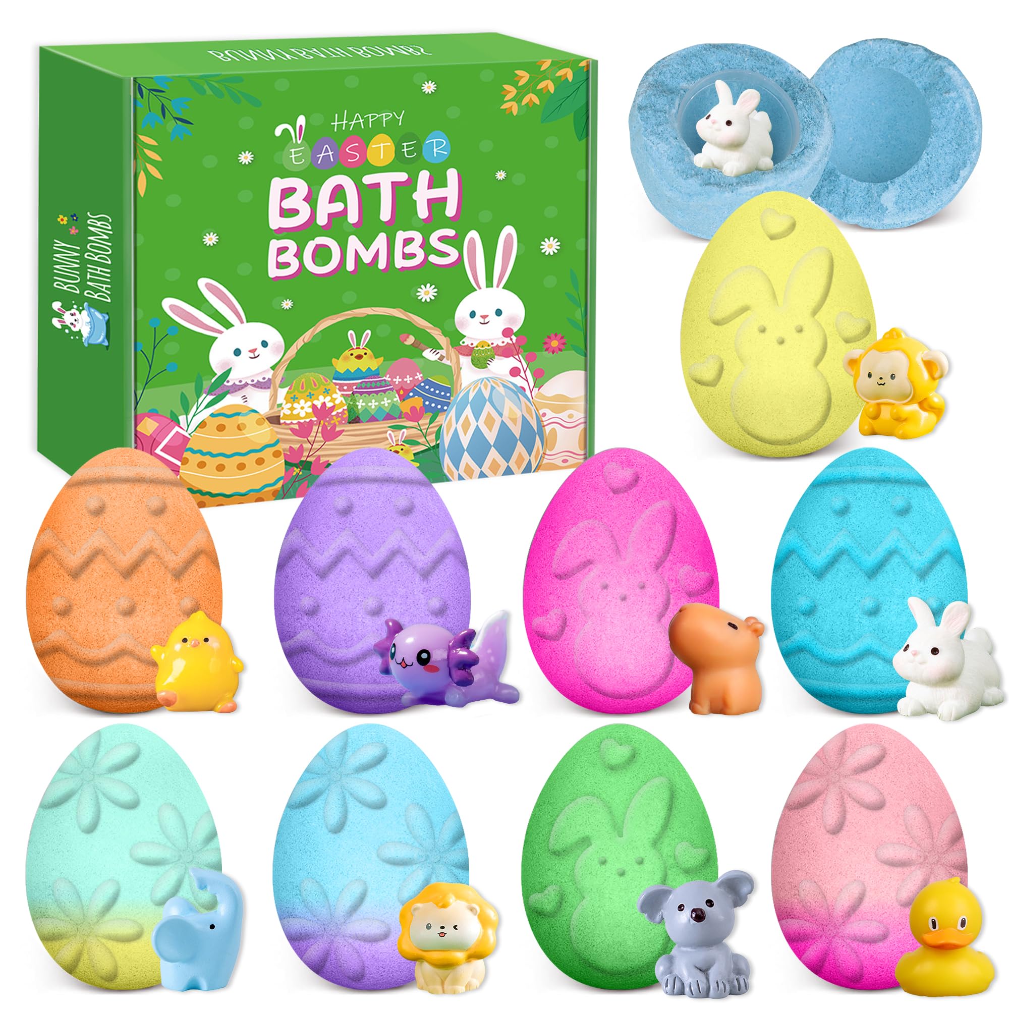 Easter Egg Bath Bombs for Kids with Surprise Toys Inside, Easter Basket Stuffers for Boys and Girls,9 Pack Bunny Bubble Bath Bombs for Easter Egg Hunt Toddler Teen Easter Gifts Party Favor