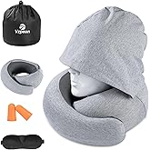 Vzpeun Travel Pillow - Hooded Neck Pillow Airplane Memory Foam Filling for Plane,Cars Sleeping, Road Trip, Long Flights, Portable Plane Accessories, Includes Eye Mask & Earplugs (Light Gray)