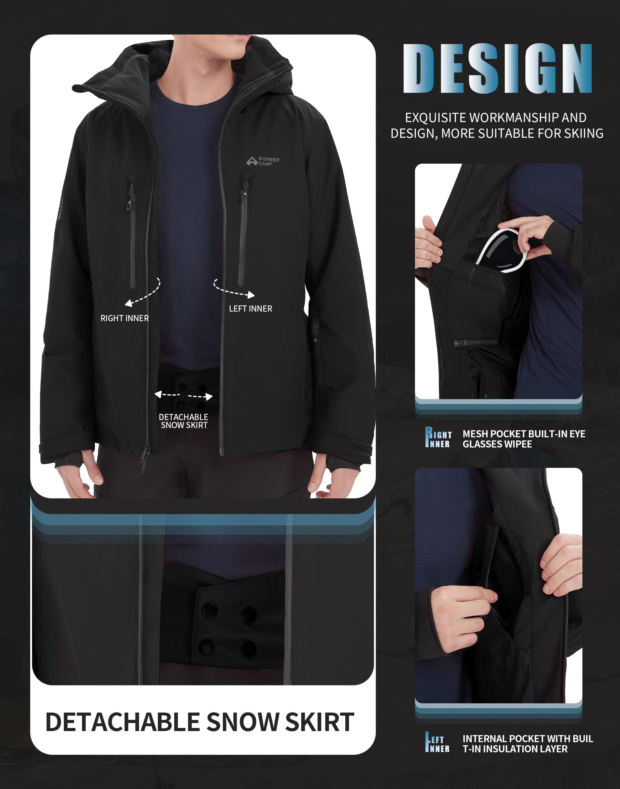 Pioneer Camp Herren Wasserdicht Skijacke Winddicht Snowboardjacke Warm Outdoor Winterjacke mit Kapuze Schwarz L 3