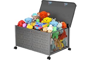 PHINOX Toy Box Storage, Toy Chest Organizers, Large Toy Box for Boys, 70L Toy Storage Organizer with Wheels, Metal Toy Storage for Nursery (Black)