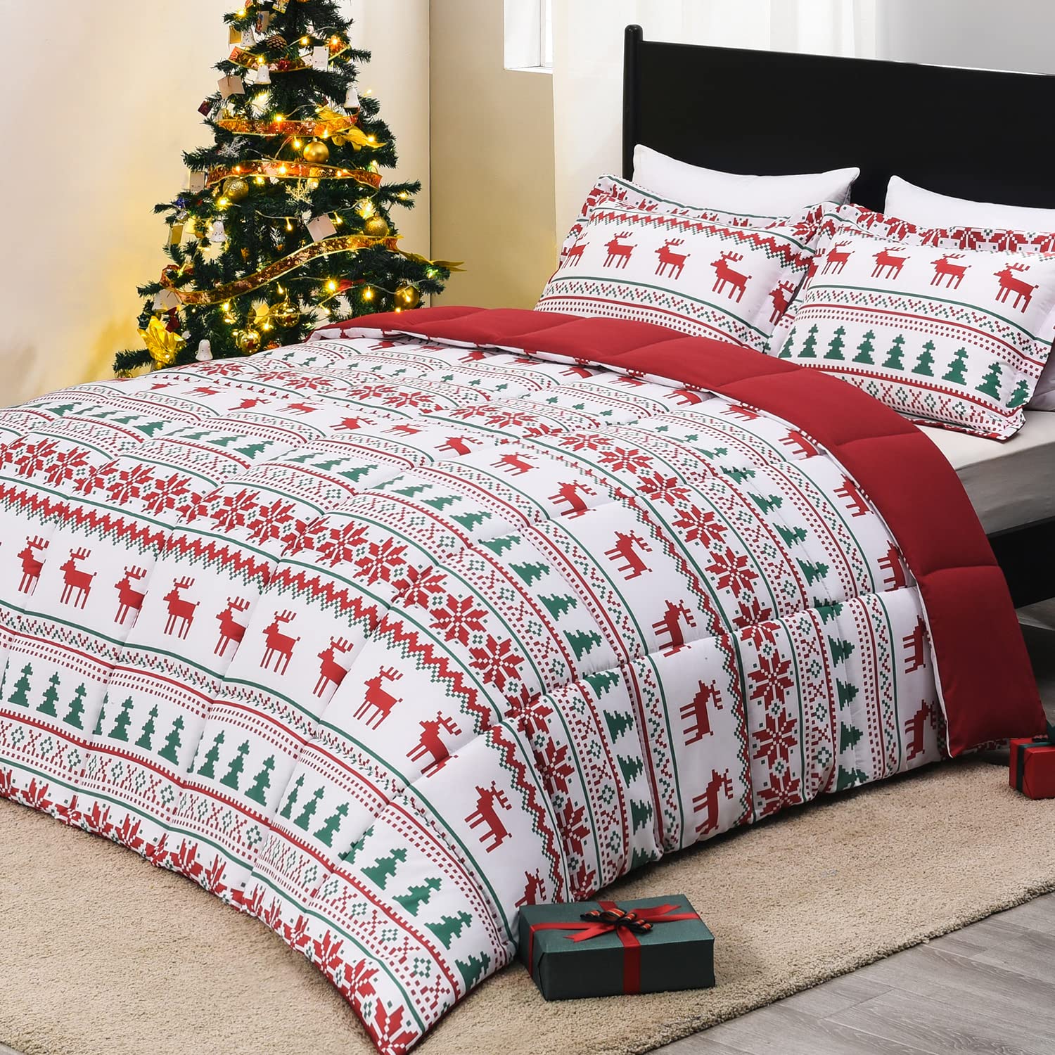 downluxe Christmas Comforter Set King with 2 Pillow Shams - Christmas Decoration King Comforter Set with Reindeer and Snowflake Patterns - King Size Comforter Set(3-Piece Set) Image