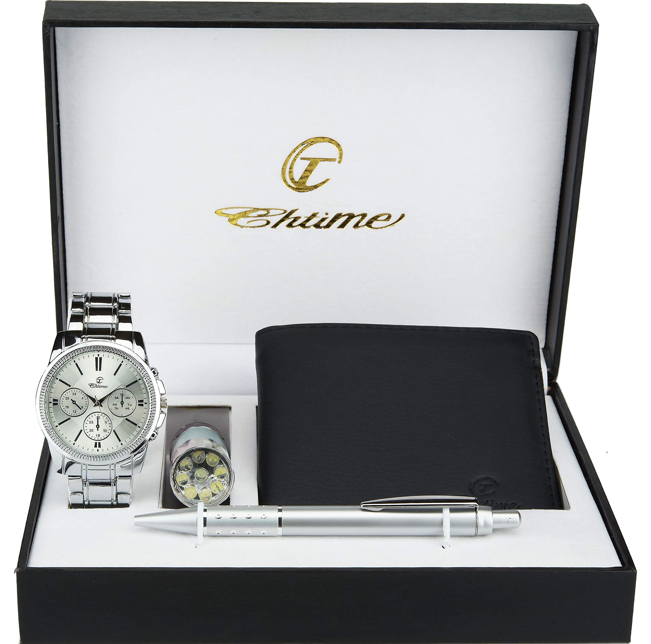 BELLOS Men's Watch Gift Box – LED Lamp – Wallet – Pen, Silver, 42, Bracelet, Silver, 42, Bracelet