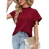 Aifer Womens Summer Ruffle Short Sleeve Dressy Casual Blouses Mock Neck Tops Elegant Work Shirts