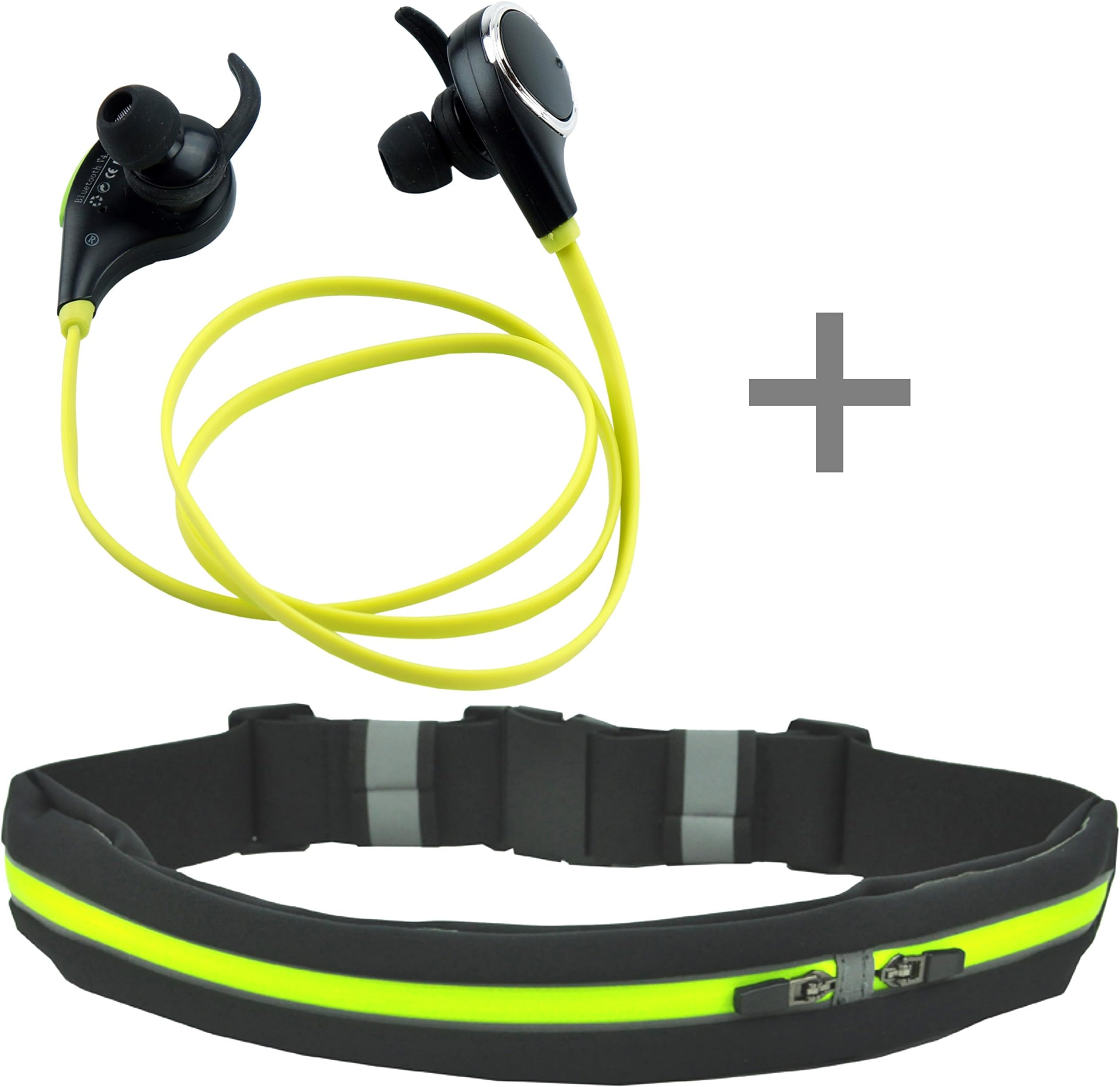 Bluetooth Headphones + Sport Waistband. Sweat-proof Ear-Buds – no tangle flat cord and 6 hours music PLUS 2 pocket stretch Lycra gear belt: keeps smartphones safe and dry.