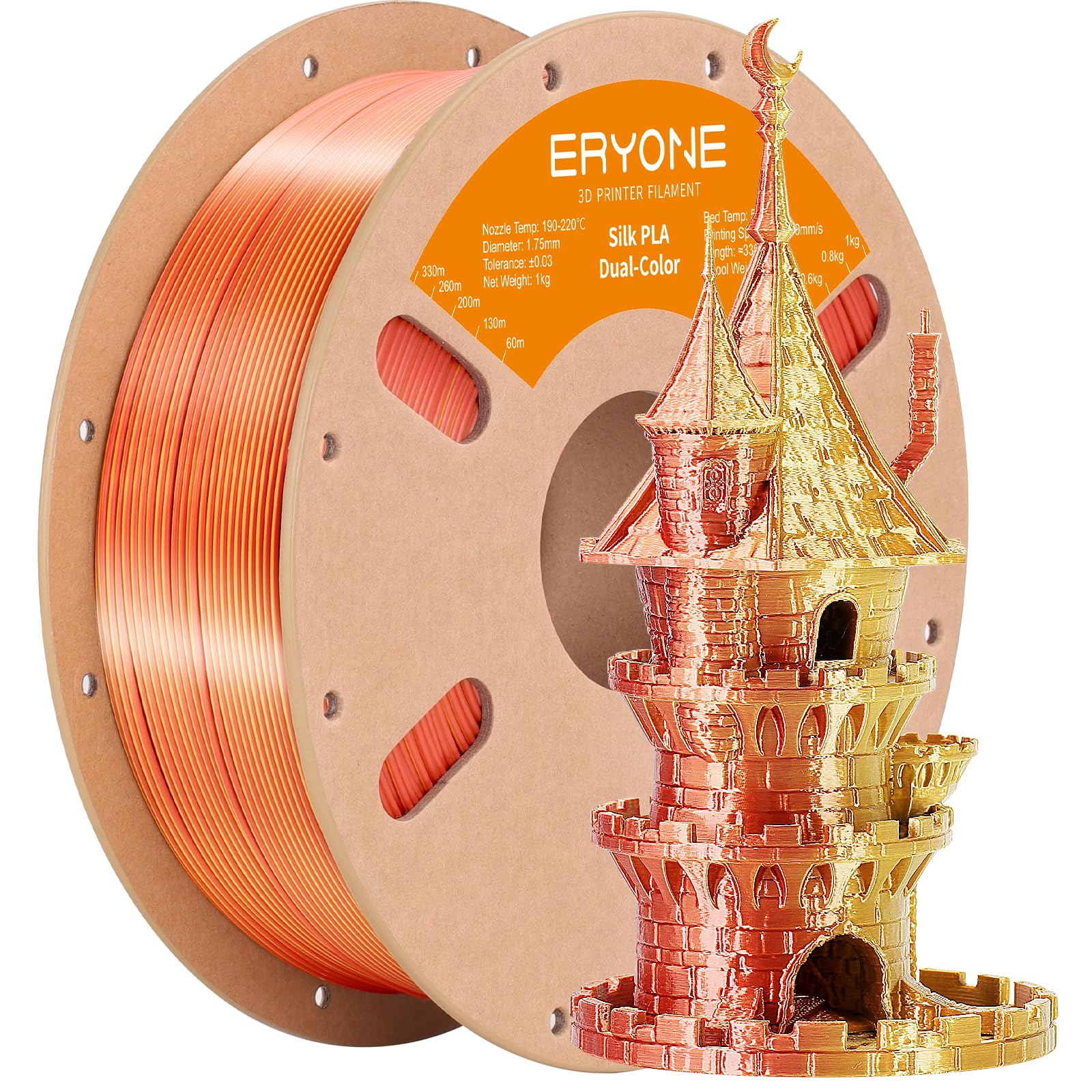 Eryone Silk Dual-Color PLA Filament 1.75mm, 3D Printer Filament PLA, Dimensional Accuracy +/- 0.03mm, 1KG Spool, Silk Glod&Copper