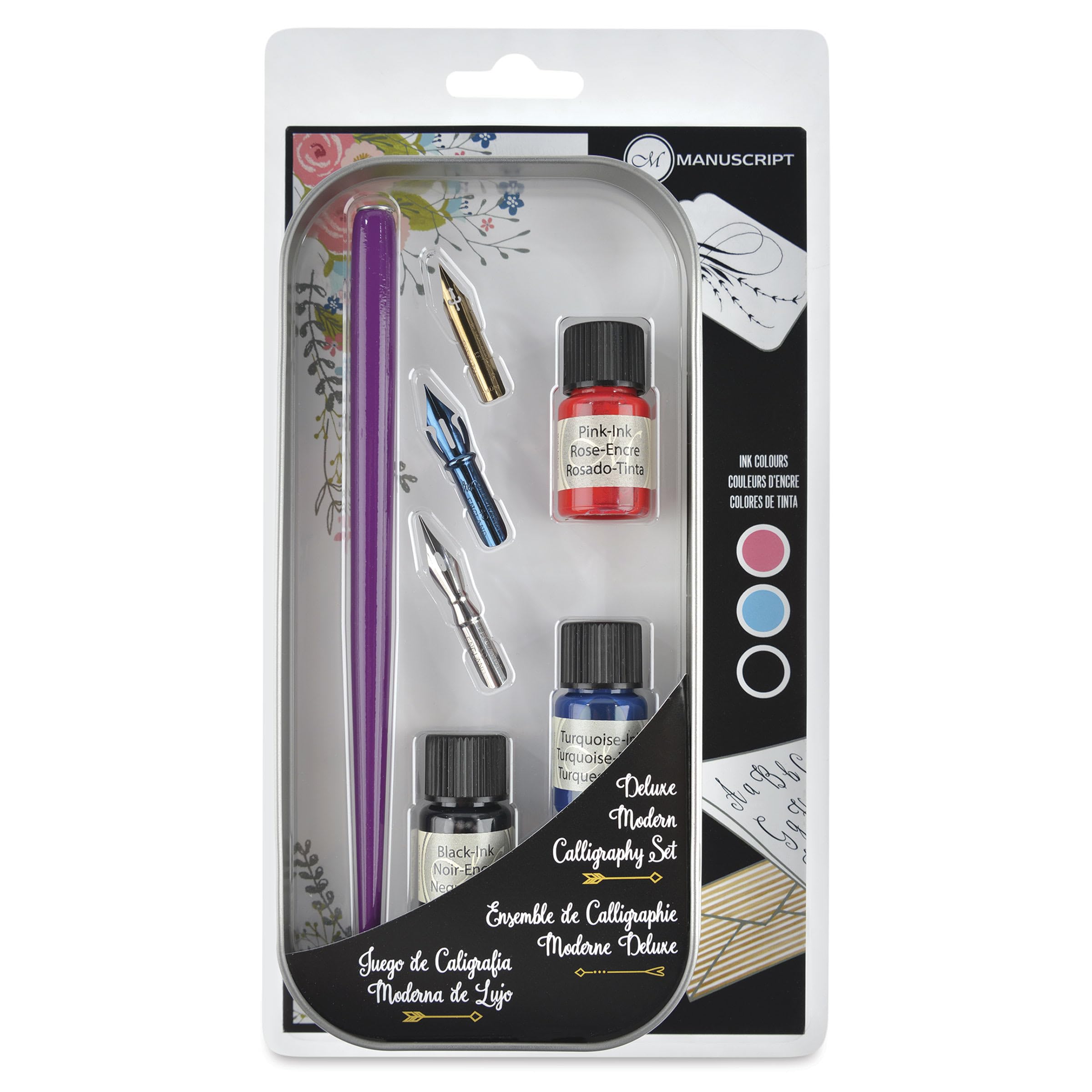Manuscript Pen Company Modern Calligraphy 3 Ink Set – 7 Piece Set Ideal for Beginners, Includes Pen Holder, 3 Nibs, 3 Coloured Inks Presented in a Handy Storage Tin.