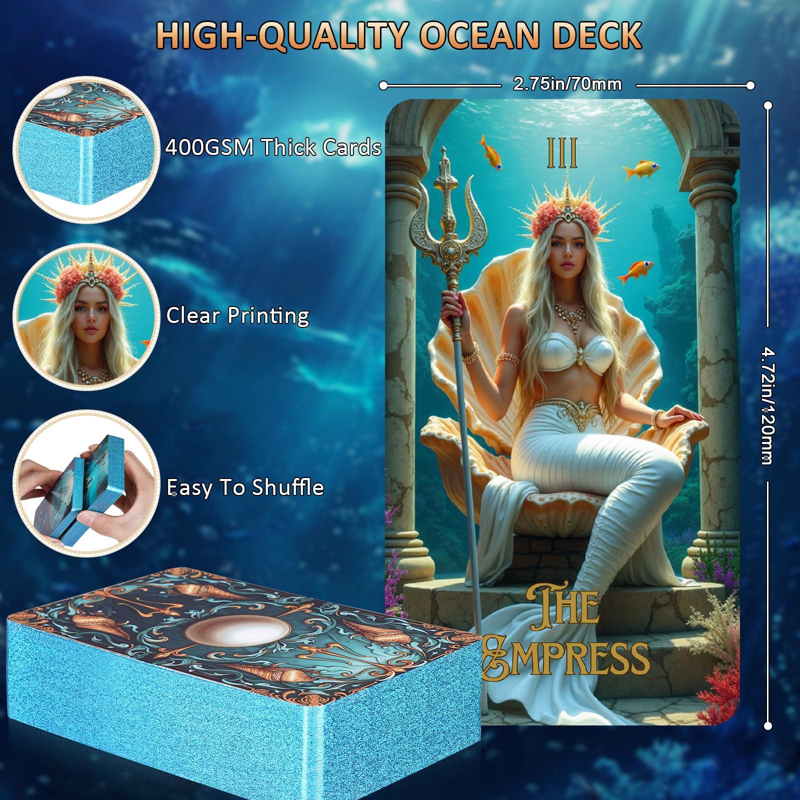XSYLOHXL Ocean Tarot Cards with Guide Book for Beginners Unique Pretty Gold Foil Tarot Oracle Deck Set with Beautiful Box 400GSM 78 PCS Card Standard Size