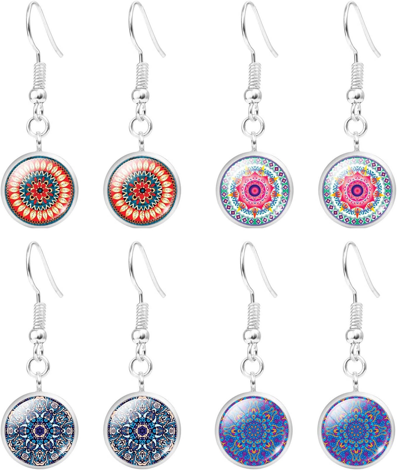 Yoga Earrings Jewelry 4 Pairs Gemstone Mandala Design Dangle Hook Earrings