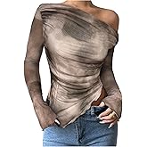RoseSeek Women's Tie Dye Mesh Ruched T Shirts Long Sleeve Off The Shoulder Tops Date Night Outfit