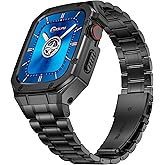 HASLFM Stainless Steel Watch Band and Case Compatible with Apple Watch Series 6 5 4 SE3/2/1(44mm),Series 3 2 1 (42mm),Adjustable Metal Strap and Rugged Protector Cover for iWatch Men,Black